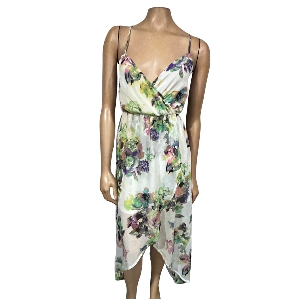 Charlotte Russe White Watercolor Floral Wrap V-Neck High Low Dress Boho XS